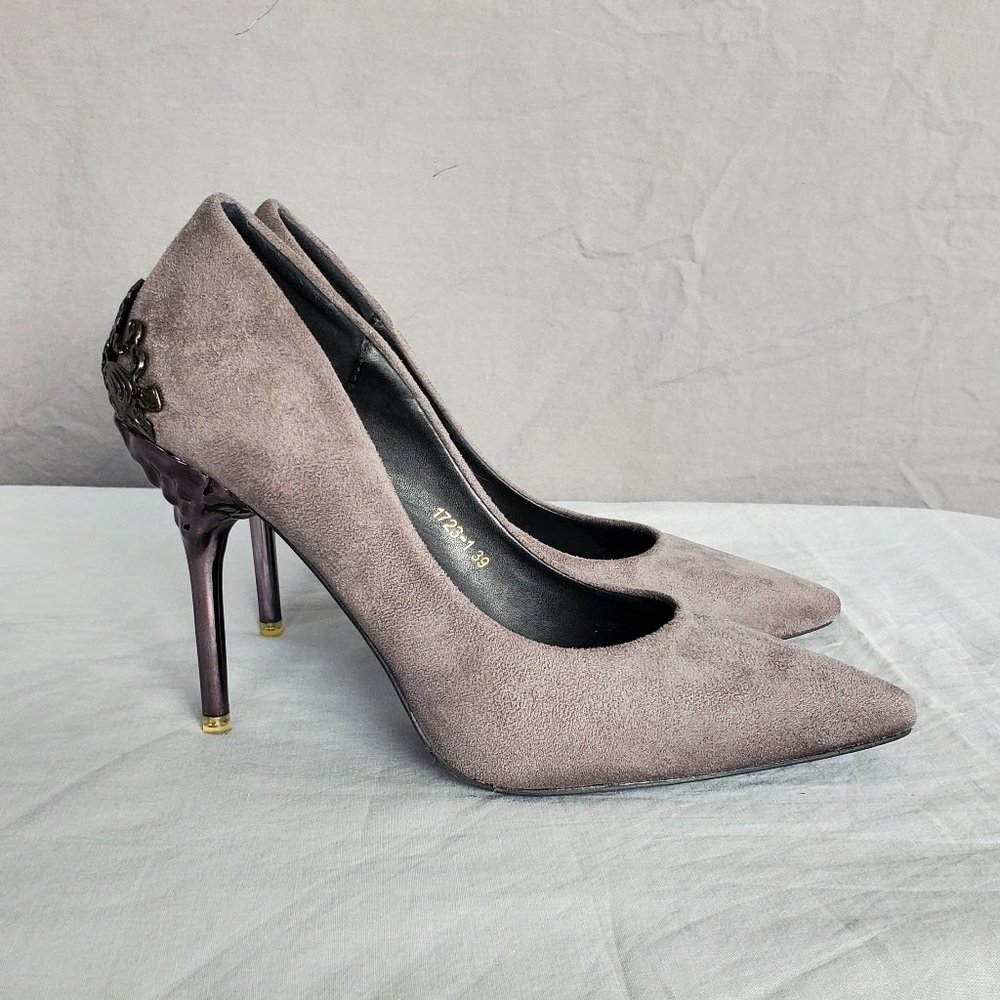 Zenvimi Faux Suede Grey Heels with Embellishments